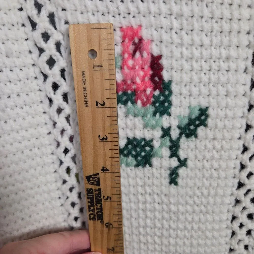 Vtg Crochet Afghan Throw Blanket Ivory Pink Roses Fringe Cottagecore 66 x 48